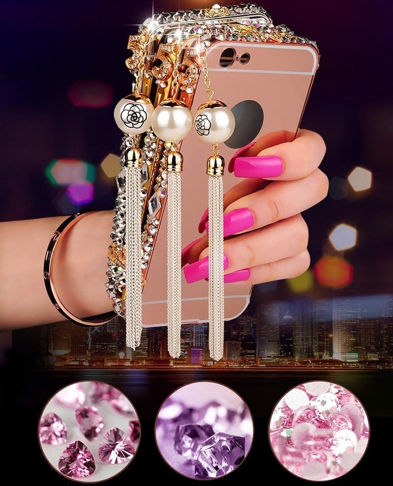 Funda Espejo para iPhone Colguije Flor Mujer Case Diamantes