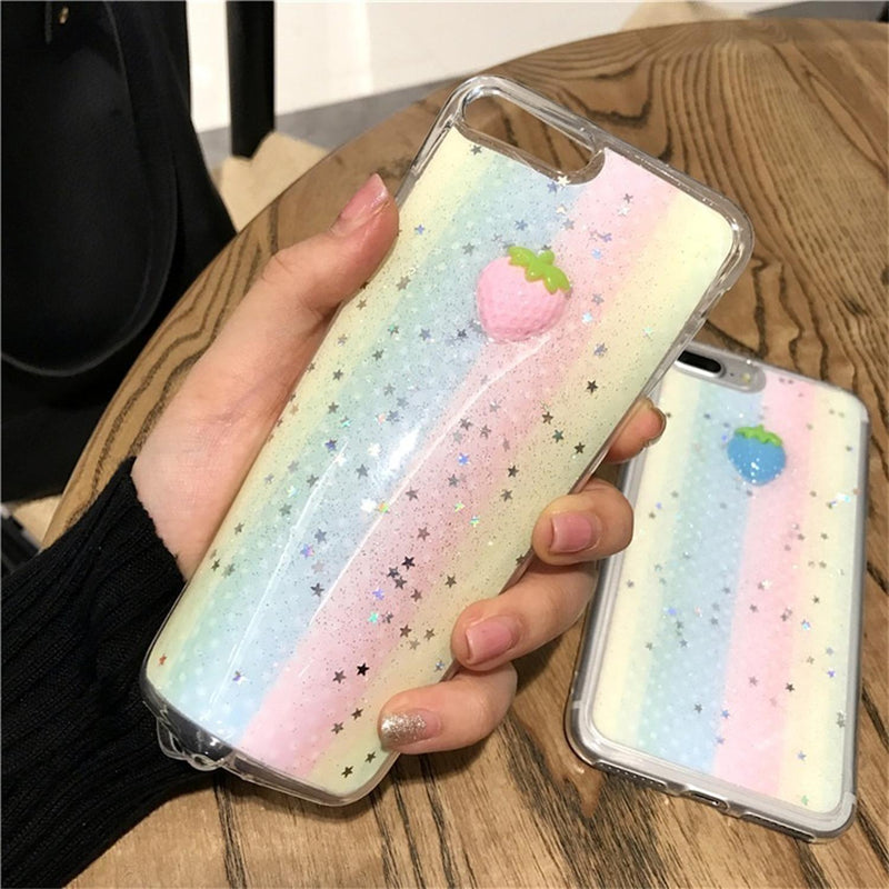 Case Para iPhone Fresita Arcoiris Estrellas Glitter Brillos