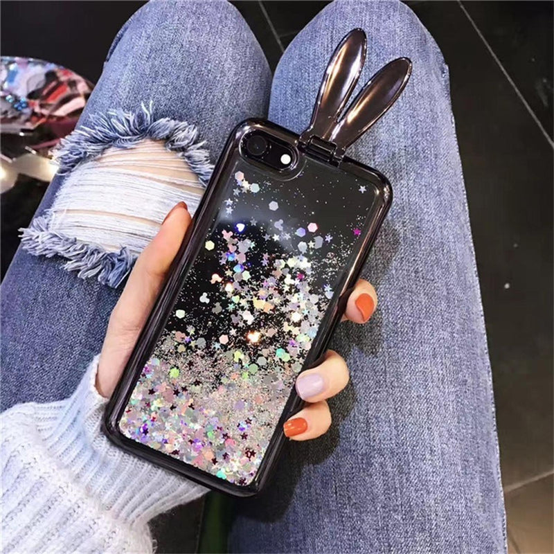 Funda Para iPhone Conejo Liquido Glitter Estrellas Corazones