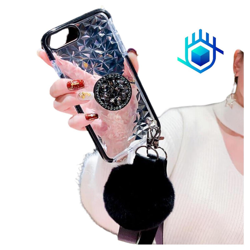 Funda Compatible Con iPhone Diamantes 3D Pompon Correa Mujer