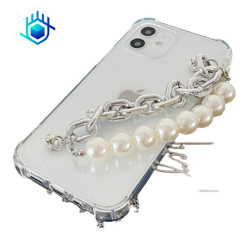 Funda Cadena Perlas + Mica para iPhone Mujer Elegante Case