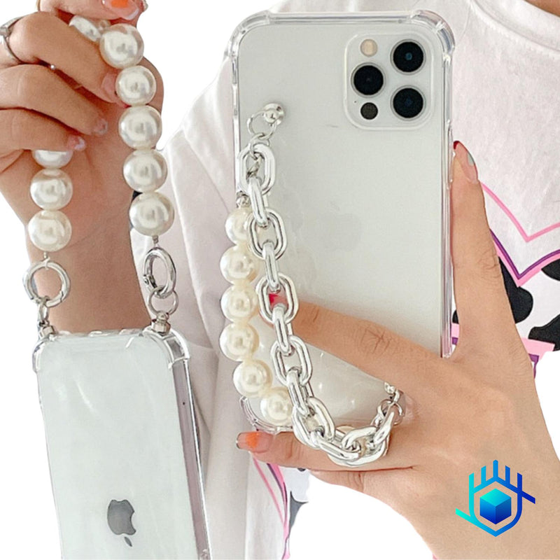 Funda Cadena Perlas + Mica para iPhone Mujer Elegante Case